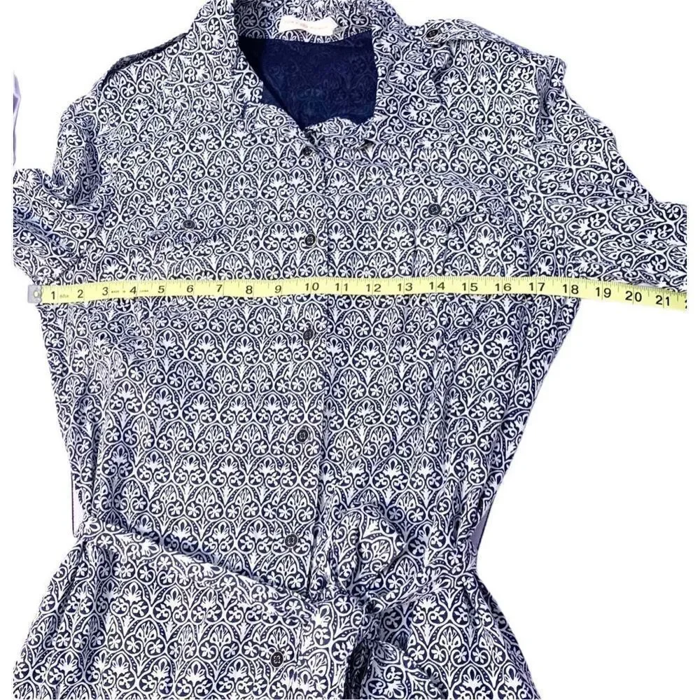 Tory Burch Blue Tile Printed White Button Up Belted Long Sleeve Work Dress Siz 8